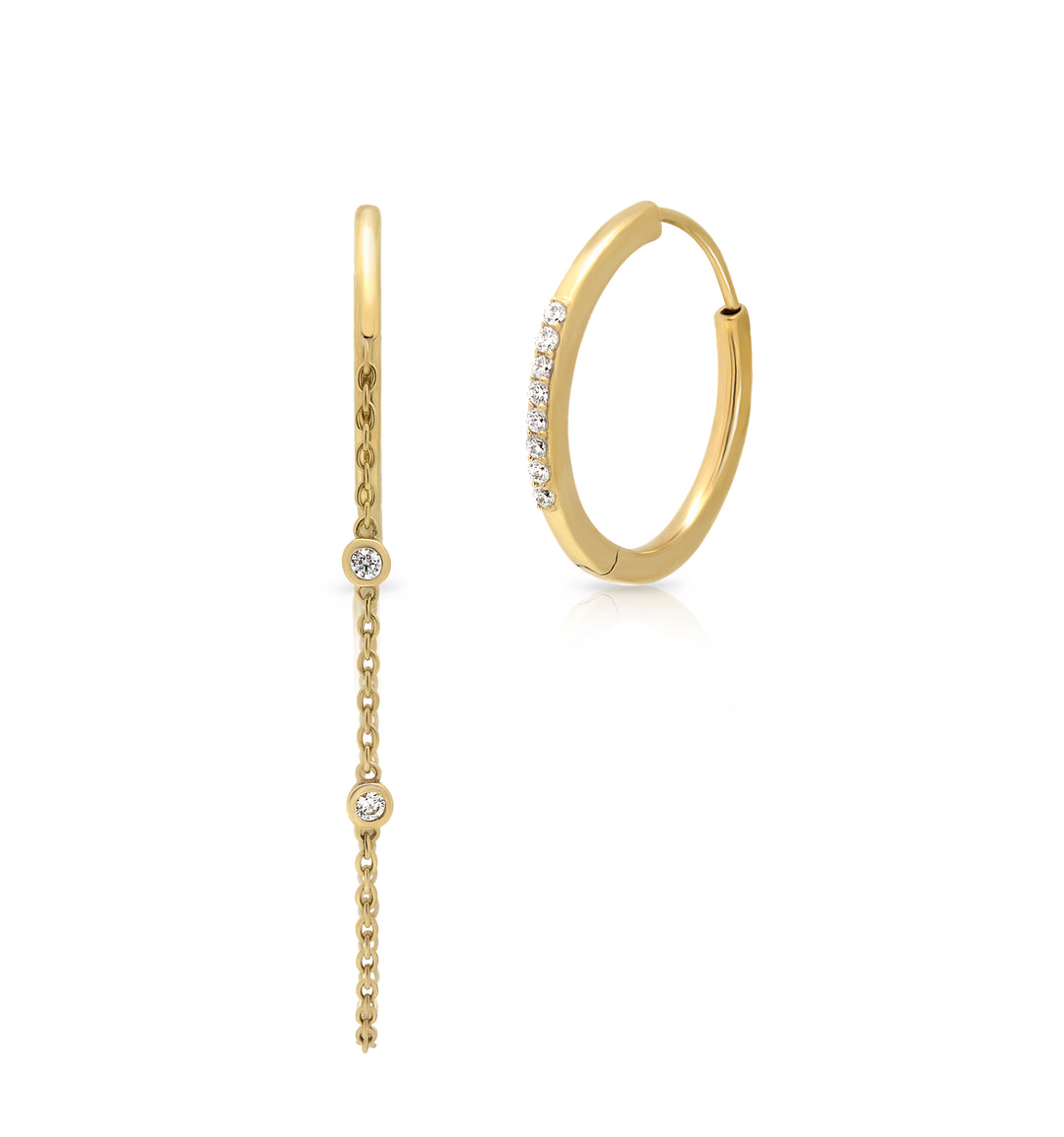 mismatched round hoop earrings with dangle stone chain for women NAIMA jewellery in 18K Gold Vermeil