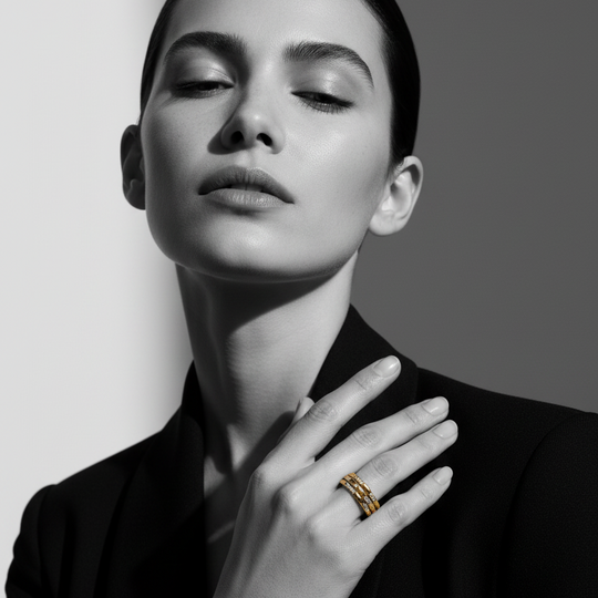 pave and rectangle band rings in gold 