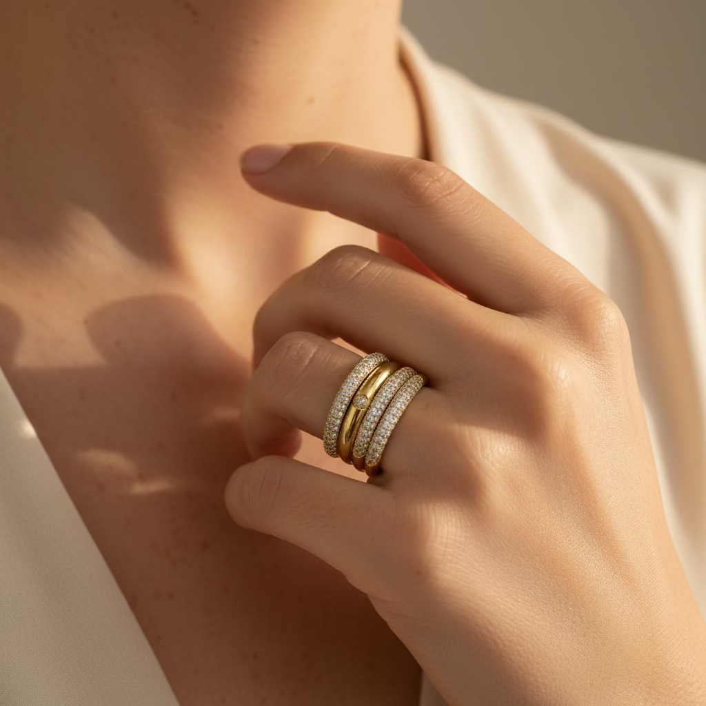 pave band rings stack in yellow gold
