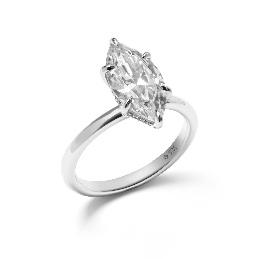 solid sterling silver large three carat marquise solitaire promise ring plain shank and hidden detail setting by NAIMA best jewellery